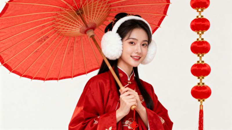 红伞佳人迎新春图片