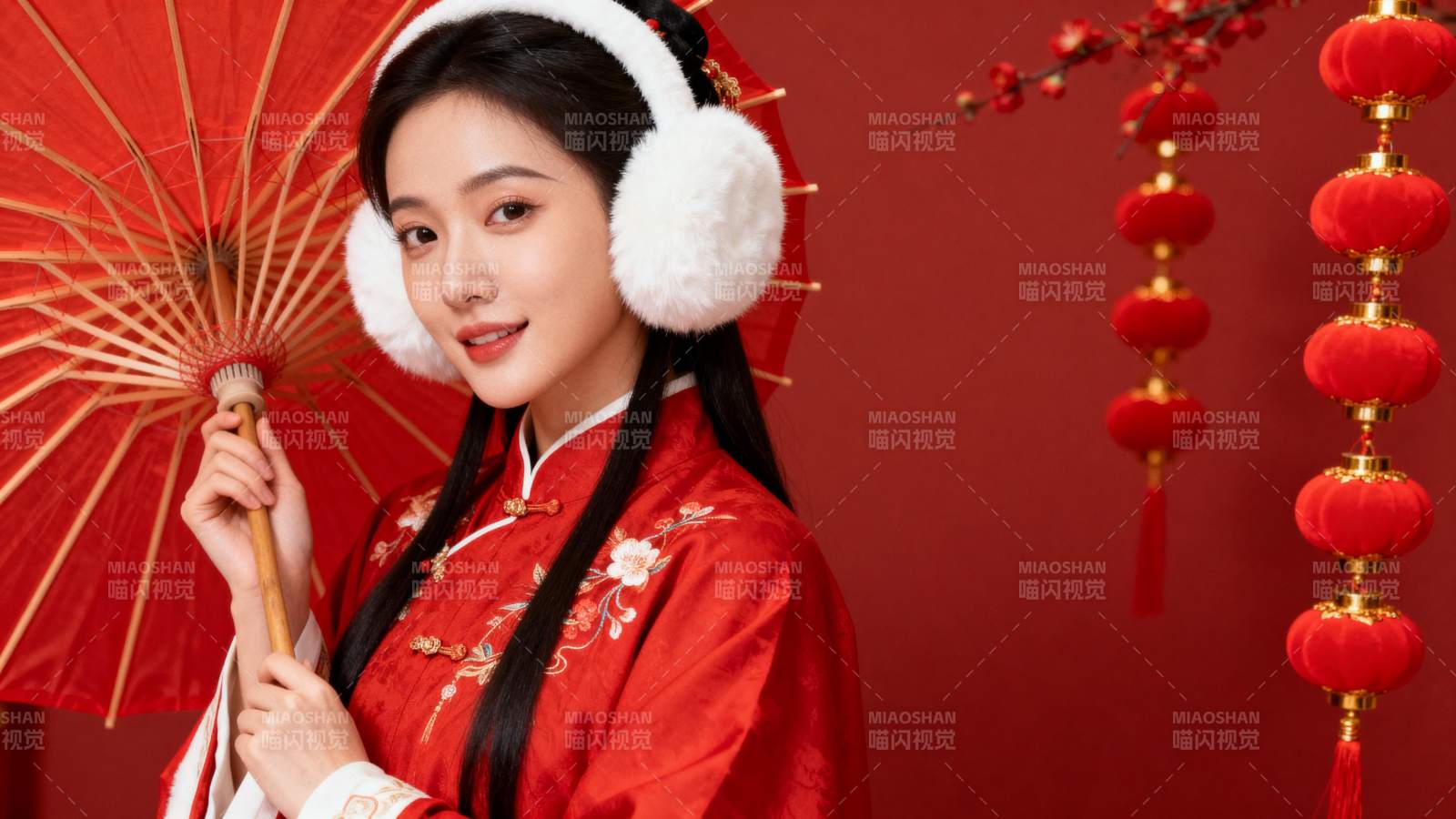 红衣女子持伞迎春图片