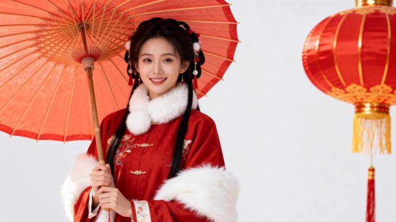 红伞佳人迎新春图片