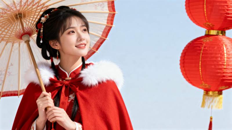 红衣女子持伞赏灯图片