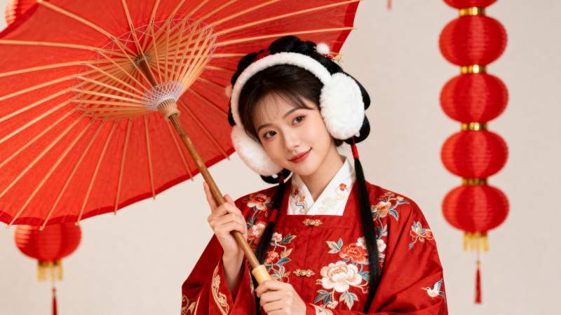 红伞佳人迎新春图片