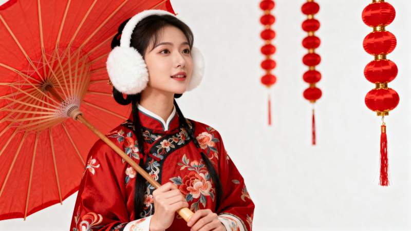 红伞佳人迎新春图片