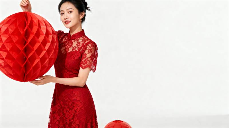 红裙女子持灯笼图片