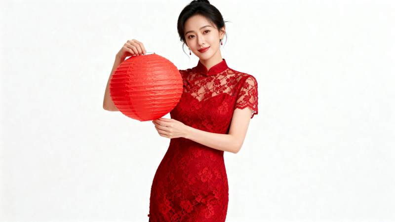 红衣女子持灯笼图片