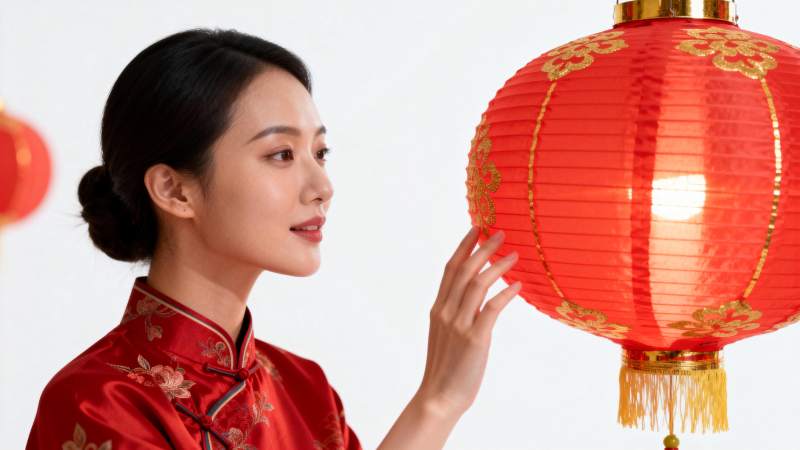 红衣女子手捧灯笼图片