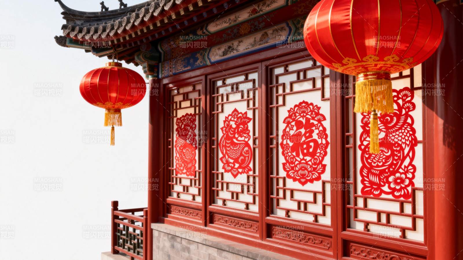 红灯映窗花图片