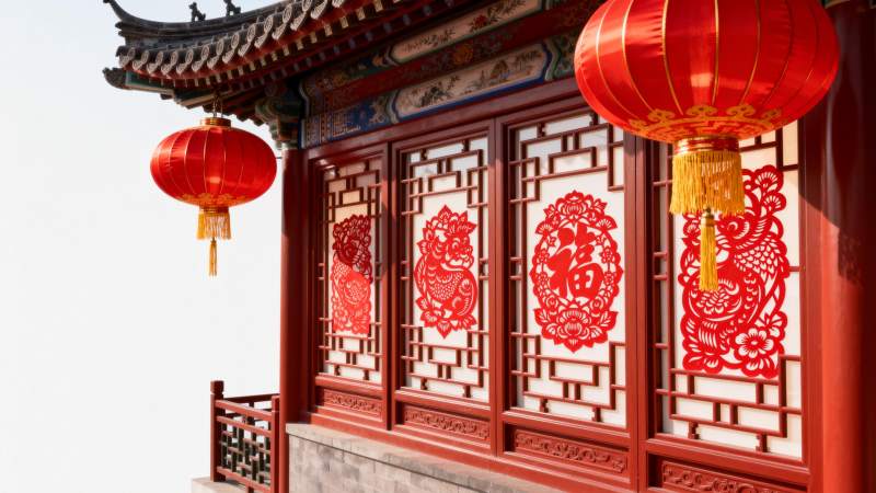 红灯映窗花图片