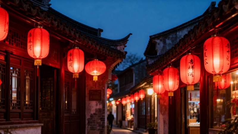 古街夜色灯影图片