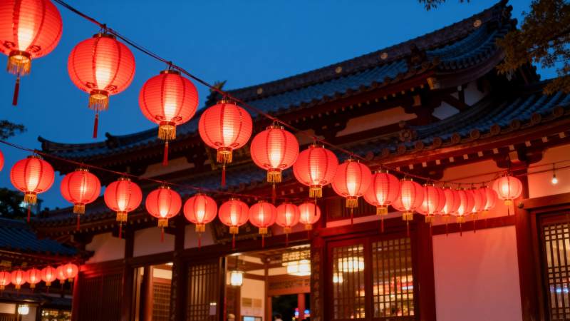 红灯笼映古寺夜景图片