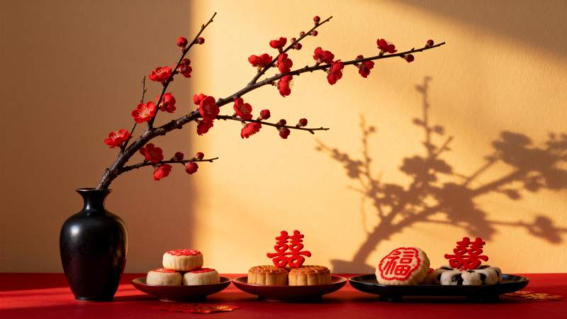 红梅映月 团圆喜庆图片