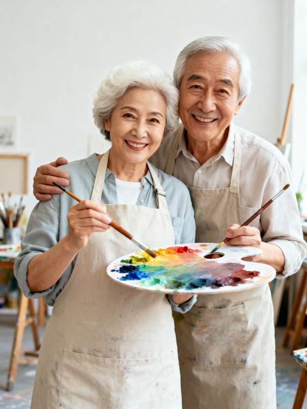 老年夫妇共绘美好图片