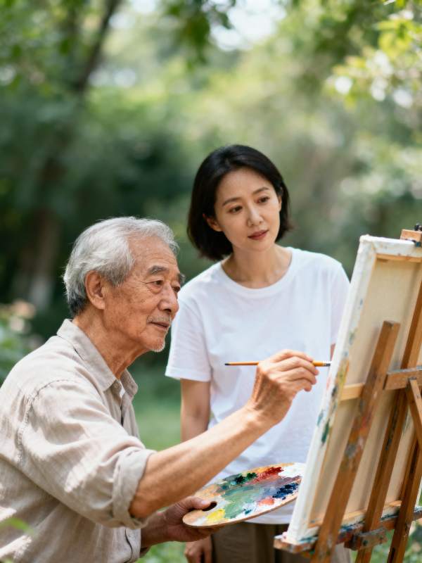 老人作画 女子旁观图片