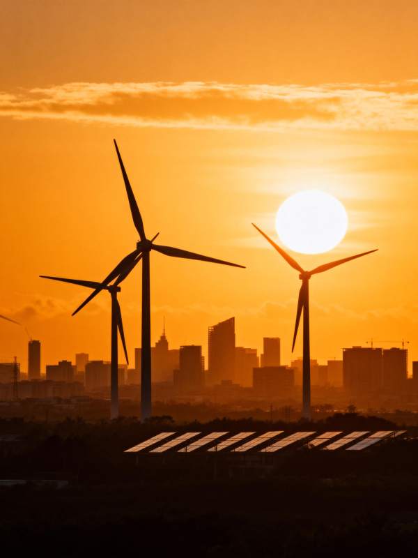 风车与城市日落图片