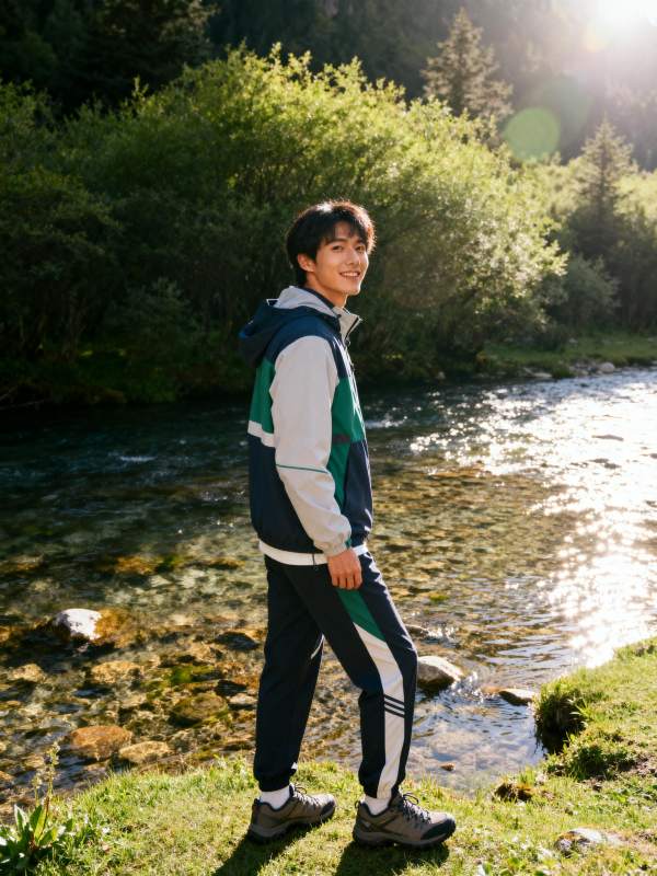 溪边徒步青年图片