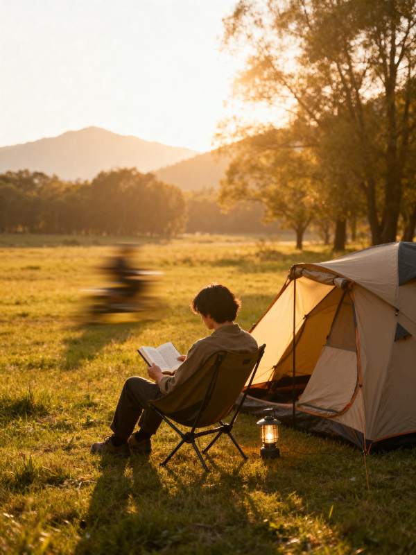 夕阳下露营阅读图片