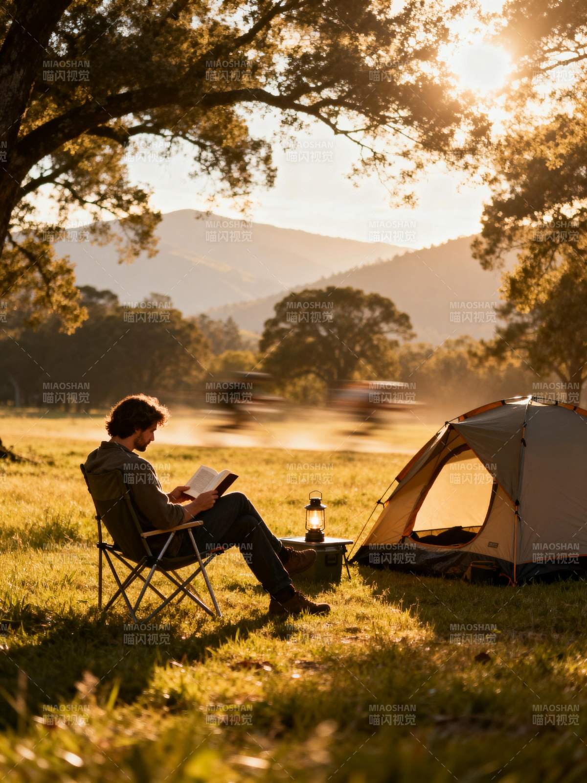 夕阳下的静谧阅读图片