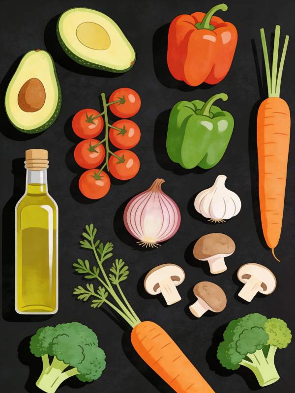 新鲜蔬菜与橄榄油图片