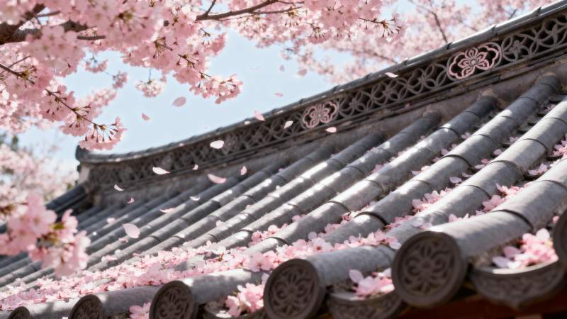 樱花落瓦檐图片