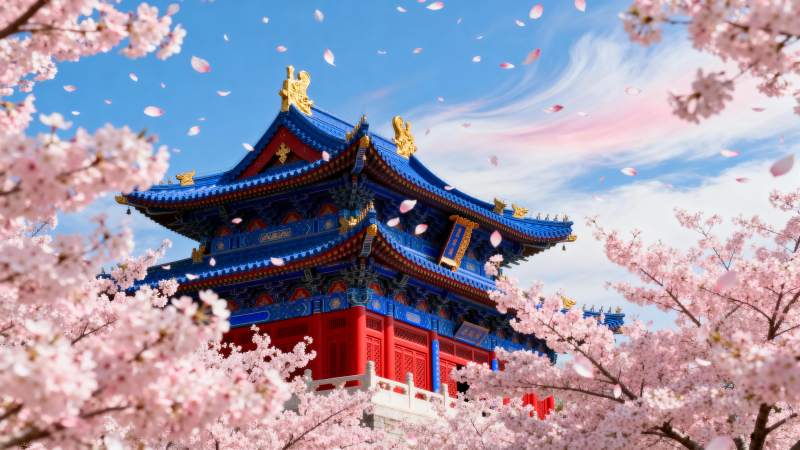 樱花映古塔图片