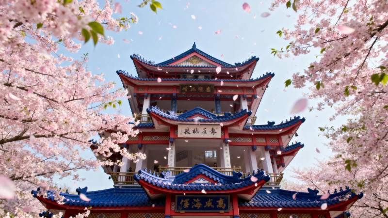 樱花映衬古塔美景图片