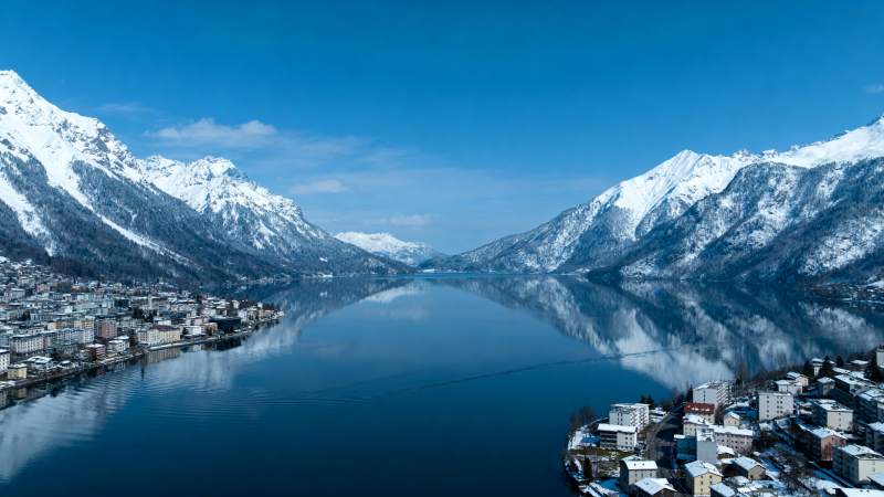 雪山湖畔小镇图片