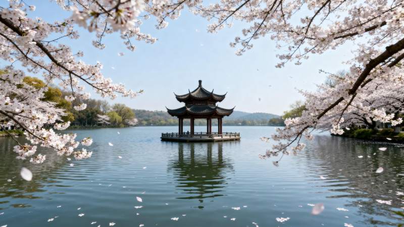 樱花映亭湖光美图片