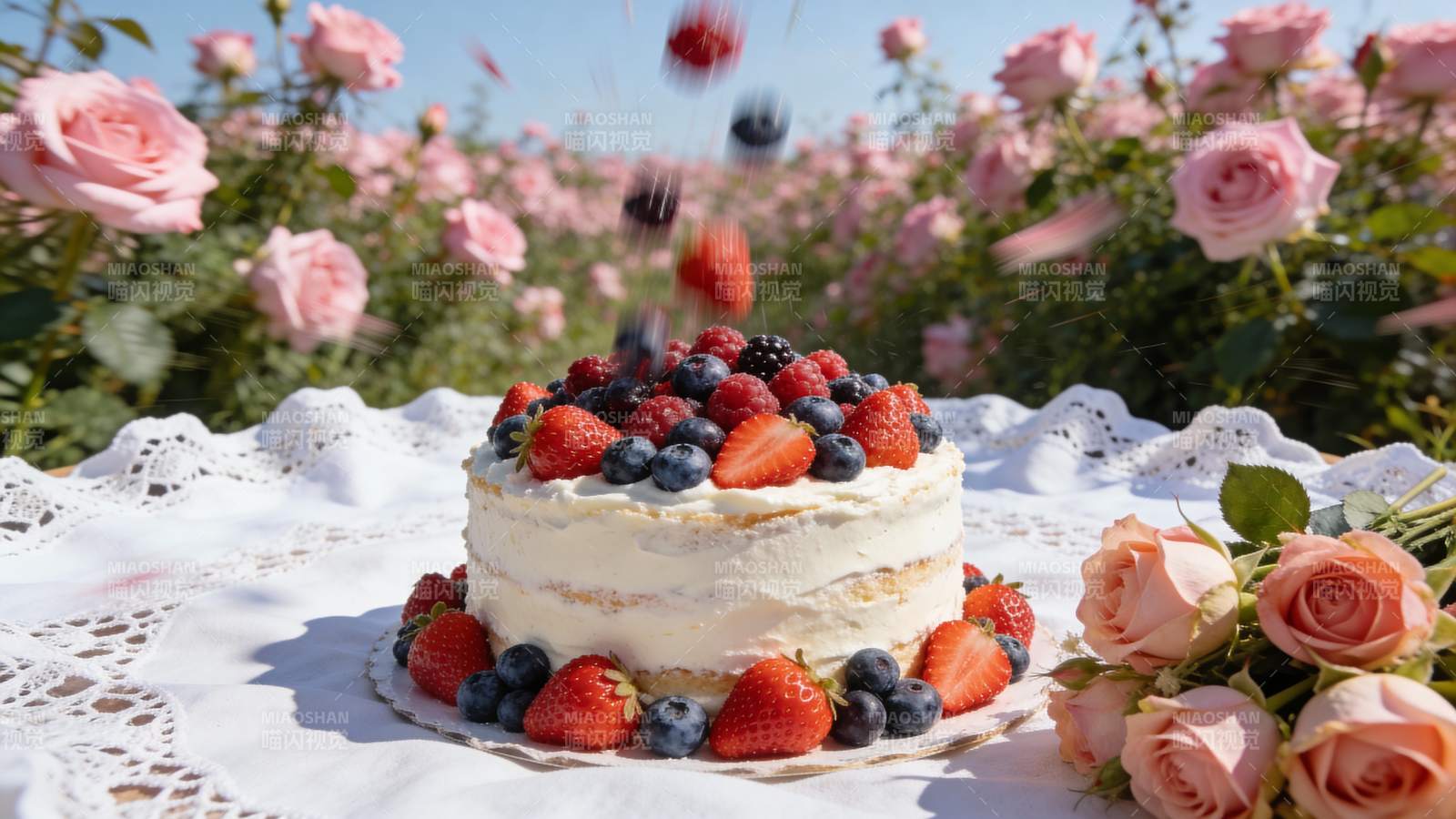 玫瑰园中的水果蛋糕图片