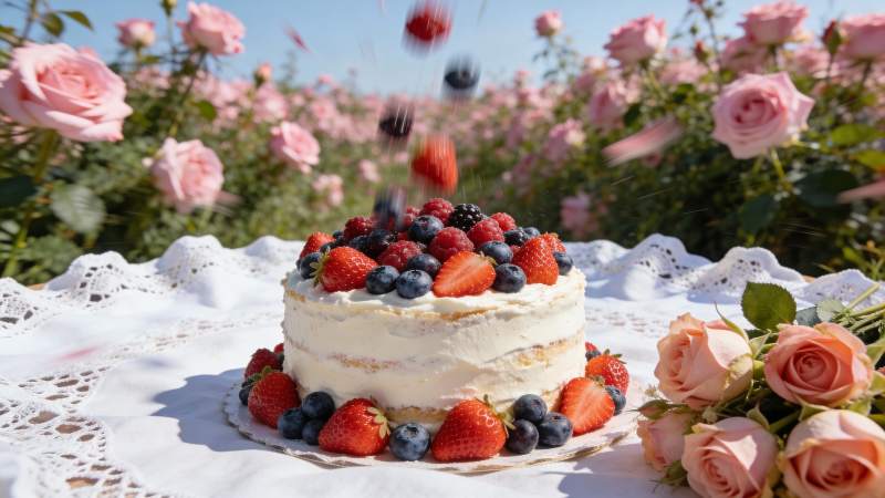 玫瑰园中的水果蛋糕图片