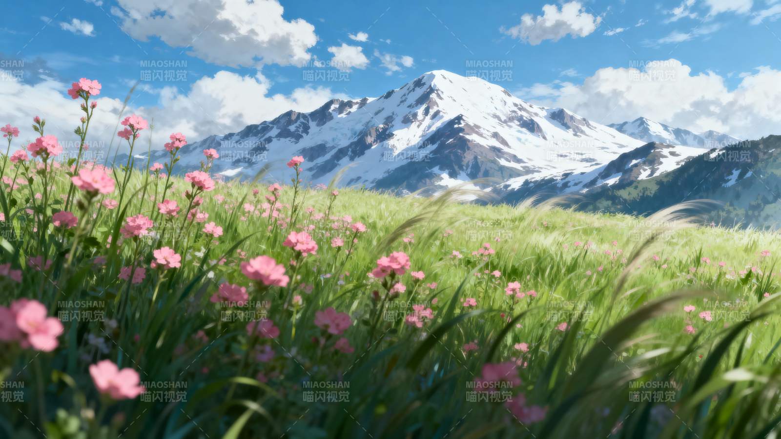 雪山花海春景图片