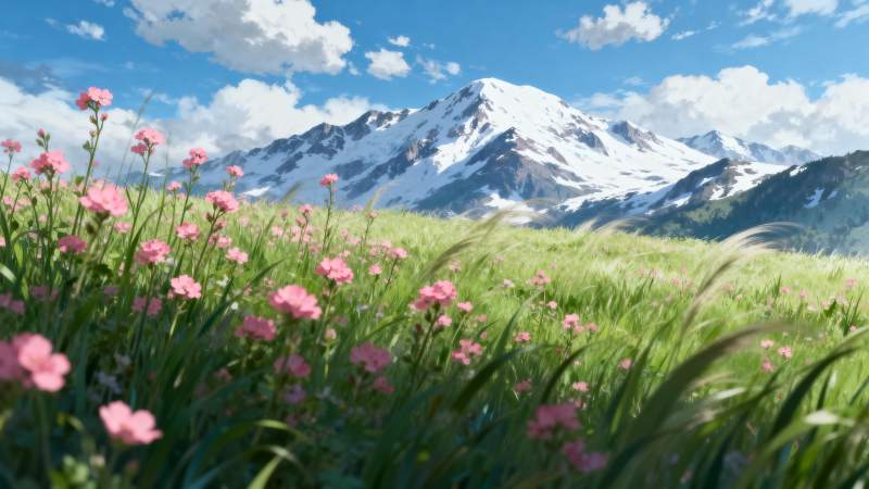 雪山花海春景图片