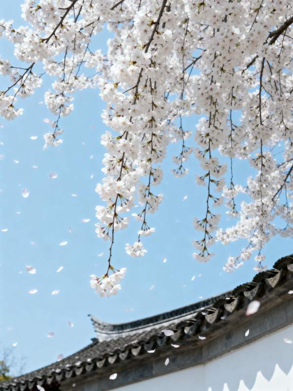 樱花纷飞映古檐图片