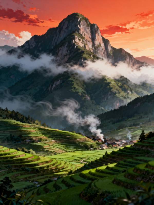 云雾缭绕山间村图片