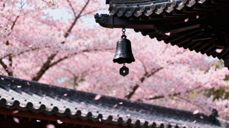 樱花下的古钟图片