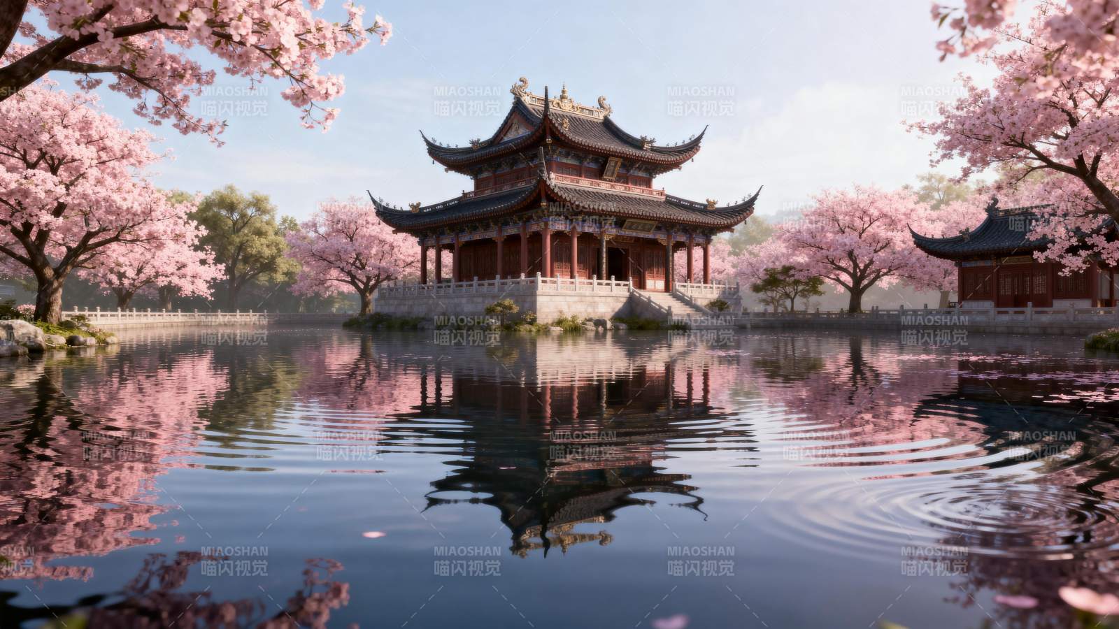 樱花映古亭图片