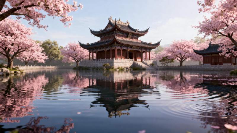 樱花映古亭图片