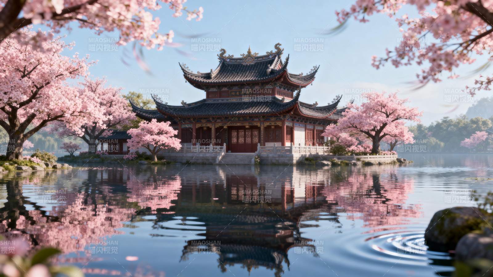 樱花映古亭图片