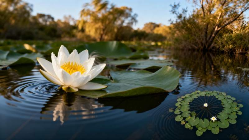 池塘睡莲静谧绽放图片