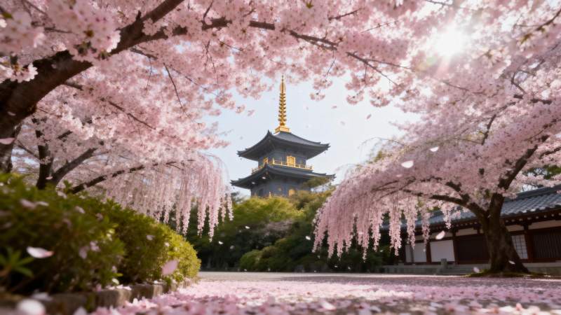 樱花映古塔图片