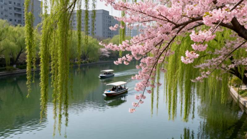 樱花柳影映湖舟图片