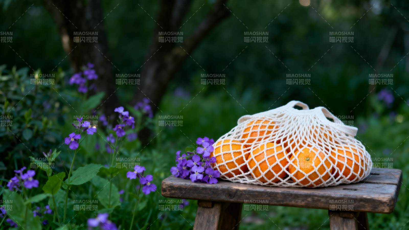 橙子与紫花静景图片