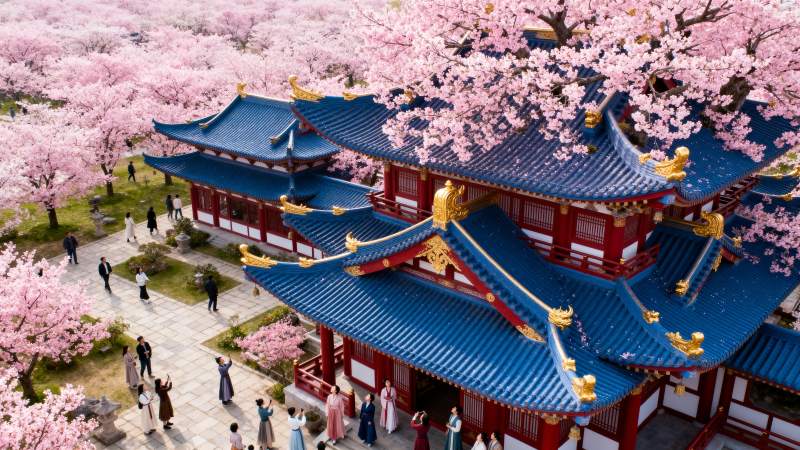 樱花映古殿图片