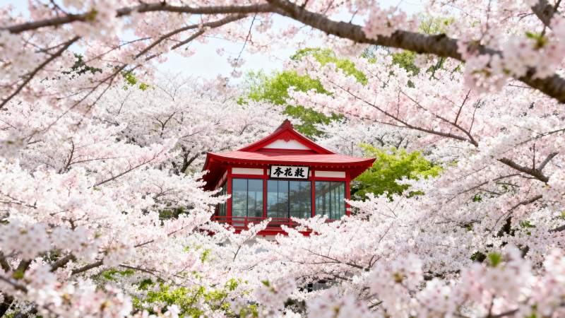 樱花掩映红亭图片