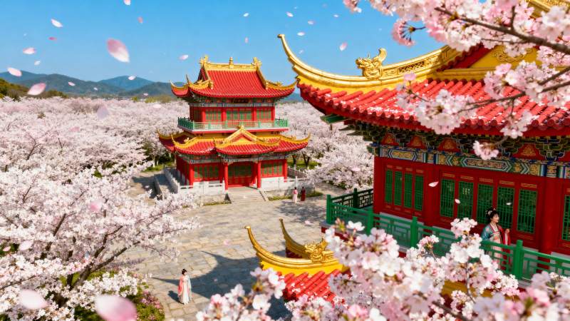 樱花映古庙图片