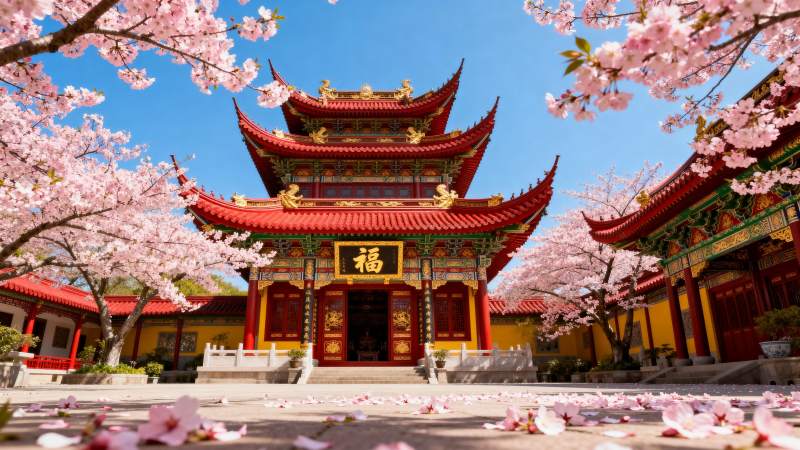 樱花映衬古寺福图片