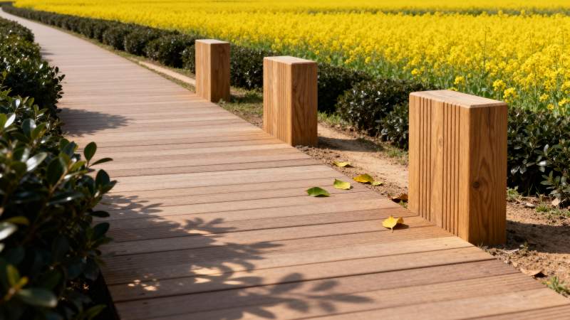 木栈道旁油菜花海图片