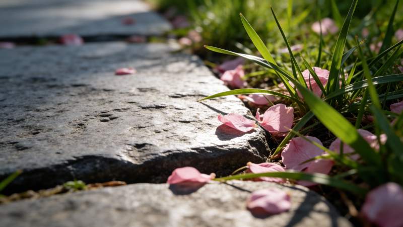 樱花落石径图片