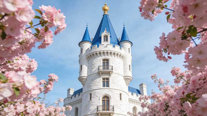 樱花映衬童话城堡图片