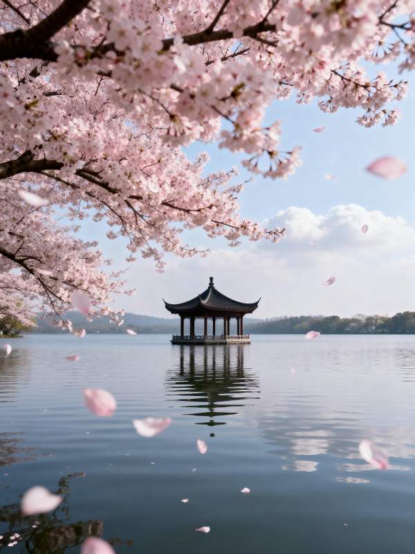 樱花亭影湖光图片