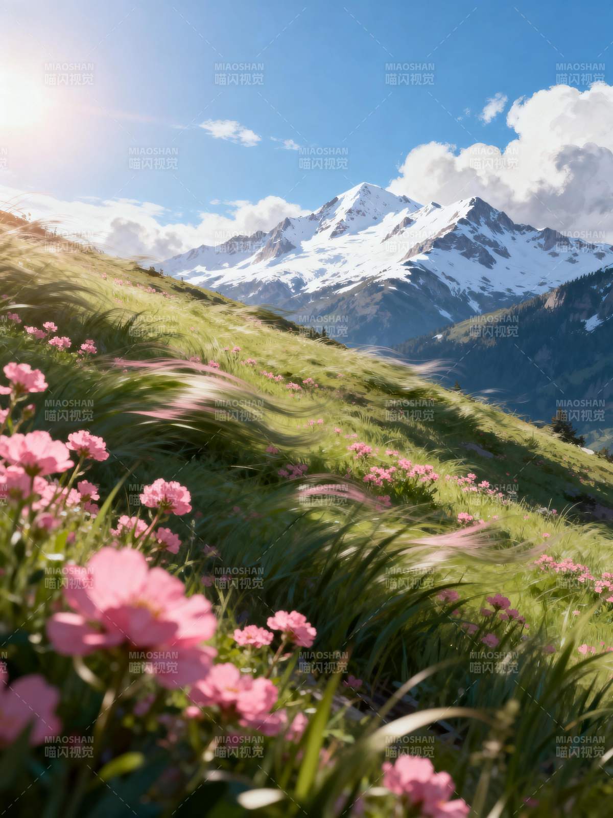 雪山花海春日景图片