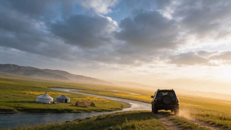 草原暮色行车图图片